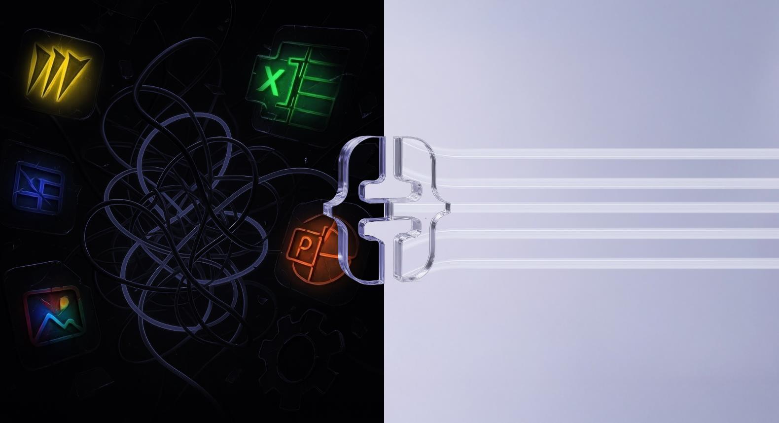 Tangled lines between disconnected apps straightening into clean parallel lines through the Trasix mark